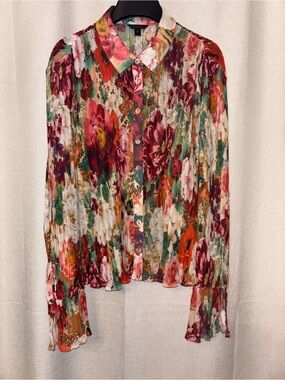 Guess Floral Pleated Button-Down Shirt - Red, Green, Cream